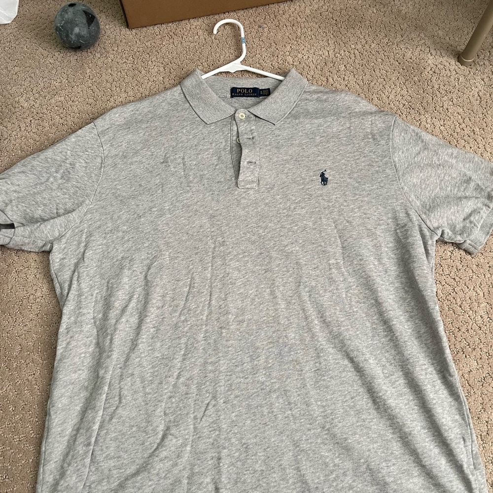 Polo by Ralph Lauren Light Gray Men's Polo Shirt with Navy Logo EUC XL